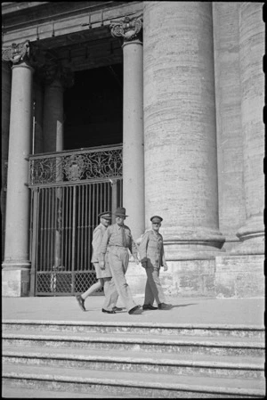 Prime Minister Peter Fraser and Generals Edward Puttick and Bernard Freyberg approaching doorway of St Peter's Basilica, Vatican City, Italy - Photograph taken by George Bull
