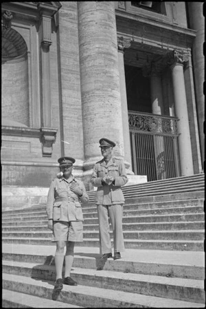 Generals Bernard Freyberg and Edward Puttick await return of Prime Minister Peter Fraser from papal audience, Italy, World War II - Photograph taken by George Bull