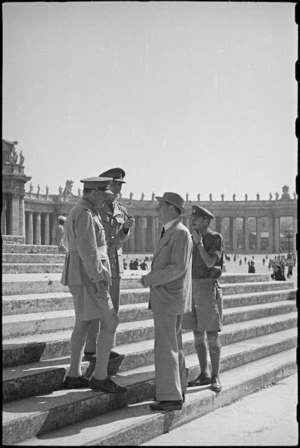 Generals Freyberg and Puttick, Mr Montgomery and Major Twigg on steps of St Peter's, Rome, Italy, World War II - Photograph taken by George Bull