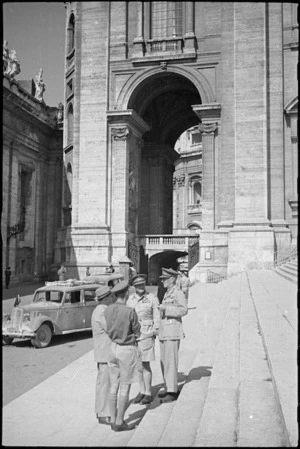 Mr Montgomery, Major Twigg, General Freyberg and General Puttick at gateway of Vatican, Italy, World War II - Photograph taken by George Bull