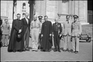 Prime Minister Peter Fraser and group outside the gates of the Vatican, Italy, World War II - Photograph taken by George Bull