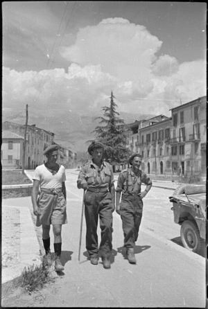 New Zealanders walking in the Italian town of Sora when enemy shells landing nearby - Photograph taken by George Kaye