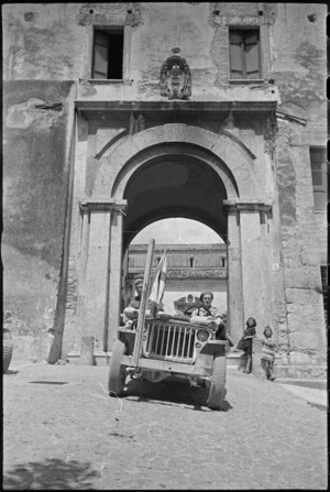 New Zealand ambulance jeep leaving 6 Field Ambulance's Advanced Dressing Station in Sora, Italy, World War II - Photograph taken by George Kaye