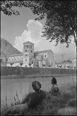 Looking across the Liri River towards principal church in town of Sora, Italy, World War II - Photograph taken by George Kaye