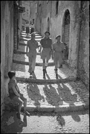 New Zealanders in one of the narrow streets of the village of Alvito, Italy, World War II - Photograph taken by George Kaye
