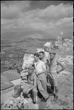 Members of 22 NZ Battalion billetted in ruins of castle overlooking Vicalvi, Italy, World War II - Photograph taken by George Kaye