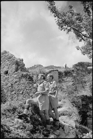 Lieutenant I L Thomas and R J Sheppard looking across country from ruins of Vicalvi Castle, Italy, World War II - Photograph taken by George Kaye