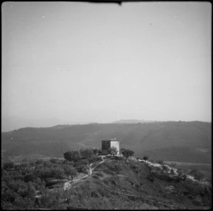 White flag flies from outpost at Brocco, Italy, as 2 NZ Division approaches, World War II - Photograph taken by Cedric Mentiplay