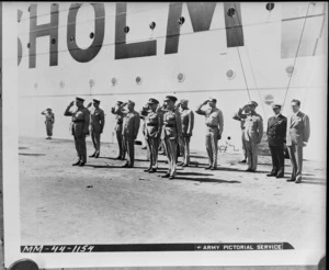 General Sir Henry Maitland Wilson and staff receiving salute from guards of honour on arrival of repatriation ship Gripsholm at Algiers, Algeria, during World War II