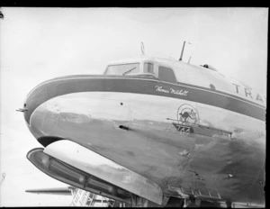 Nose of Trans Australian Airlines Douglas Skymaster DC4 aeroplane 'Thomas Mitchell', used for a charter flight to New Zealand