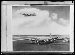 TAA (Trans Australian Airlines) Aircraft company, includes an aircraft in flight and one stationed on an unidentified airfield