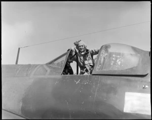 Flying Officer W A L Trott, DFC, at RNZAF, Ohakea, Whanganui District