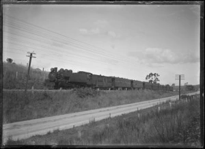 The second express from Dunedin to Christchurch with a steam locomotive "Wab" class engine, taking the Otepopo Bank, Waianakarua