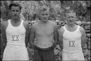 First three placegetters in event at 4 NZ Armoured Brigade sports meeting at Isola del Liri, Italy, World War II - Photograph taken by George Kaye