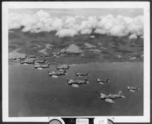 RNZAF Corsair fighter planes flying over Guadalcanal, Solomon Islands, during World War II