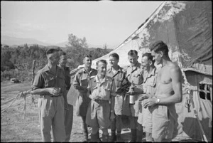 Officers and orderlies outside officers' mess during gala day of 46 NZ Battery near Arce, Italy, World War II - Photograph taken by George Kaye