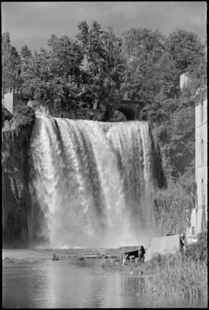 Waterfall at Isola del Liri, Italy, with New Zealand bivvies in foreground, World War II - Photograph taken by George Kaye