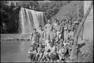 Members of New Zealand Division camped alongside waterfall at Isola del Liri, Italy, World War II - Photograph taken by George Kaye