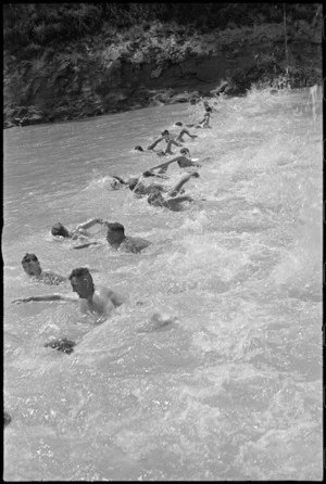Start of the 'Mepacrine Marathon' at 24 NZ Battalion swimming sports at Arce, Italy, World War II - Photograph taken by George Kaye