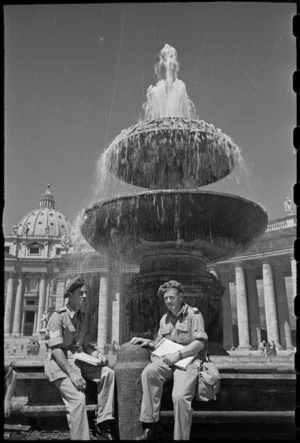 A Ashley-Jones and E V Warren on leave in Rome, Italy, rest beside fountain in St Peter's Square - Photograph taken by George Kaye