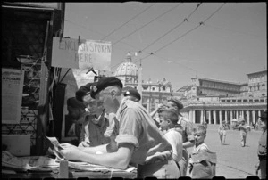 World War II New Zealand soldiers on leave in Rome, Italy, at souvenir stand near St Peter's Basilica - Photograph taken by George Kaye