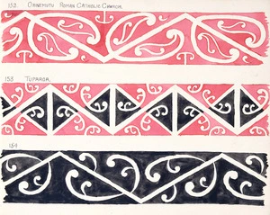 Godber, Albert Percy, 1876-1949 :[Drawings of Maori rafter patterns] 152. Ohinemutu Roman Catholic Church; 153. Tuparoa; 154. [1942?]