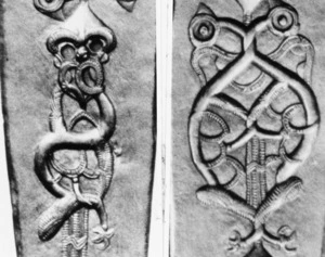 Two details of an image depicting a hoe, a Maori canoe paddle, an example of Taranaki carving