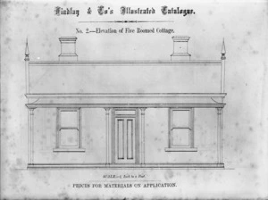 Findlay & Co. :Findlay and Co's illustrated catalogue. No. 2. Elevation of five roomed cottage. Scale 1/4 inch to a foot. Prices for material on application. [1874]