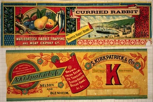Marlborough Rabbit Trapping and Meat Export Company. Curried rabbit, trapped rabbit brand / Wilson & Horton lith, Auckland [and] S Kirkpatrick & Co. Trade mark K registered - Brawn, Irish stew, ox tongues, Scotch haggis, boiled fowl, &c, &c. [ca 1900].