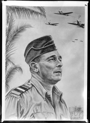 Copy photo of a drawing of Air Vice-Marshall Sir Leonard M Isitt by RNZAF artist M Conly