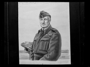 Copy photo of a painting of RNZAF Wing Commander Jim Hewitt of 42nd Squadron by RNZAF artist Sergeant M Conly