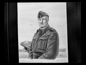 Copy photo of a painting of Wing Commander Jim Hewitt of 42nd Squadron by RNZAF artist Sergeant M Conly