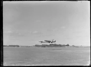 Lockheed Lodestar aircraft 'Kotutku', ZK-AIQ, taking off from Mangere Aerodrome, Auckland