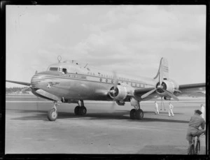 Pan American World Airways (PAWA), Douglas DC-4 aircraft, Clipper Red Jacket (N88947), at Whenuapai Airbase, Auckland