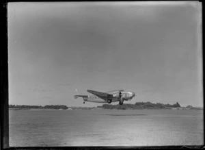 Lockheed Lodestar aircraft 'Kotuku', ZK-AIQ, taking off from Mangere Aerodrome, Auckland