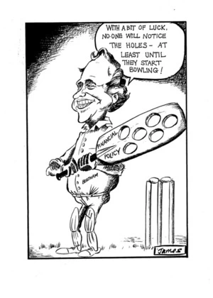 Lynch, James, 1947-: "With a bit of luck, no-one will notice the holes - at least until they start bowling!" 15 December 1980