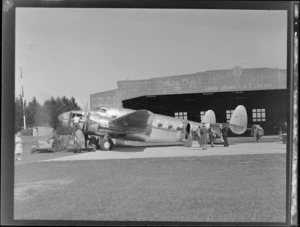 NZNAC (New Zealand National Airways Corporation) Lodestar aeroplane, outside the Union Airways of NZ Limited hangar, Mangere airport, Auckland