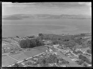 Ngongotaha, Rotorua District, showing housing and Lake Rotorua