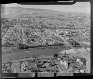 View of the town of Gore and the Mataura River with Waipahi Highway and Rail Bridges in foreground, Southland Region