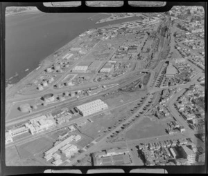 View south to Dunedin City harbour and industrial area with railway yards, Otago Region