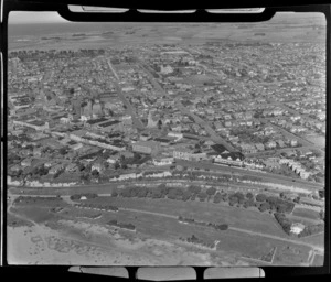 View to the south Canterbury town of Timaru with Caroline Bay in foreground, looking south to the Sacred Heart Basilica Catholic Church