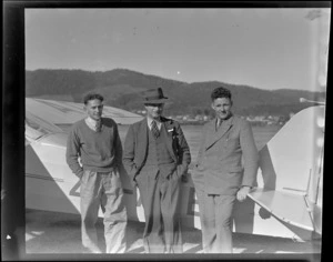 Members of the West Coast United Aero Club, Greymouth, showing E M Good (President Greymouth Aero Club) (centre), E Rosel (General Engineer) and E Dalcom (Instructor)