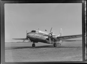 View of visiting British Vickers Viking passenger plane G-AJJN taxiing on the runway, at Paraparaumu Airfield, Wellington Region