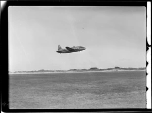 View of visiting British Vickers Viking passenger plane G-AJJN taking off from Paraparaumu Airfield, Wellington Region