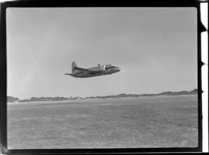 View of visiting British Vickers Viking passenger plane G-AJJN taking off from Paraparaumu Airfield, Wellington Region