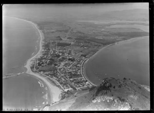 View from Mount Maunganui, Tauranga,includes bay, shoreline, housing and farmland