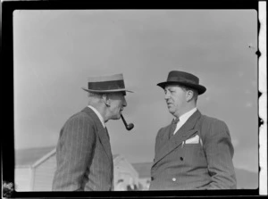 Portrait of (L to R) Mr Dickson of Vickers Viking and Mr N Higgs of Bristol Aeroplane Co Ltd from visiting British Vickers Viking passenger plane G-AJJN, location unknown