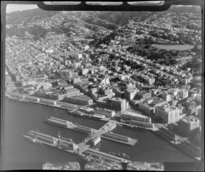 Wellington City central business district with Queens Wharf in foreground, looking to The Terrace and the suburbs of Kelburn and Brooklyn beyond