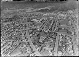 The city of Lower Hutt with High Street in foreground looking to Hutt Hospital and Mitchell Park, Wellington Region