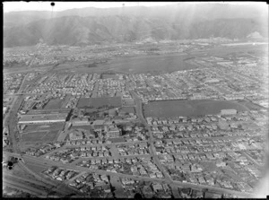 The suburb of Petone with the Western Hutt Road in foreground looking east to the Petone Recreational Grounds and the Capstan factory, Lower Hutt City, Wellington Region